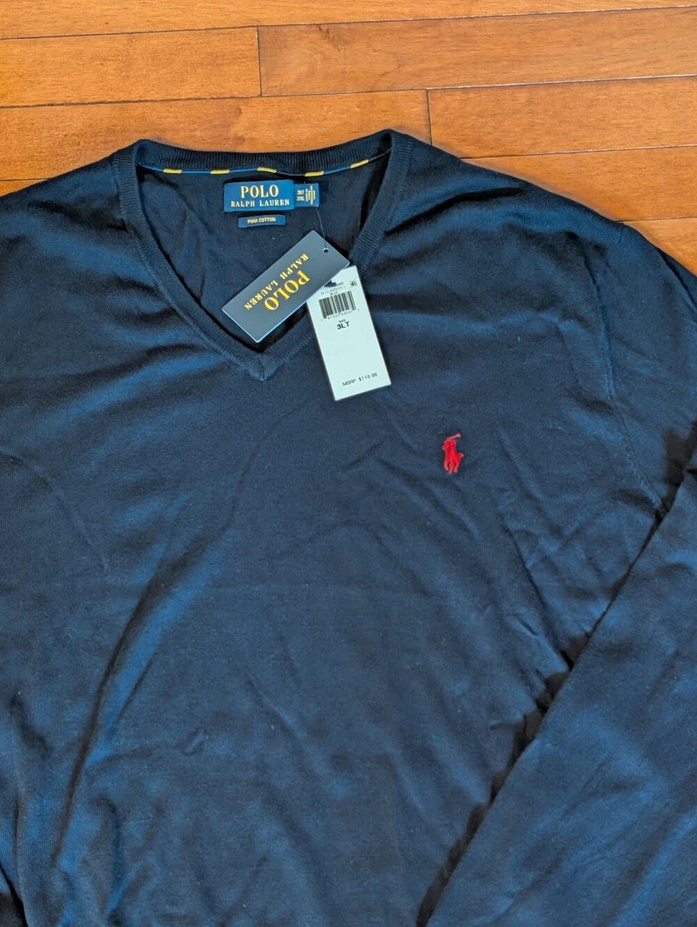 NWT Men's Polo by Ralph Lauren Navy Pima Cotton V-Neck Sweater Red Pony Sz 3LT